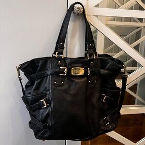 Michael Kors Gansevoort Black Leather Tote with Gold Buckle details